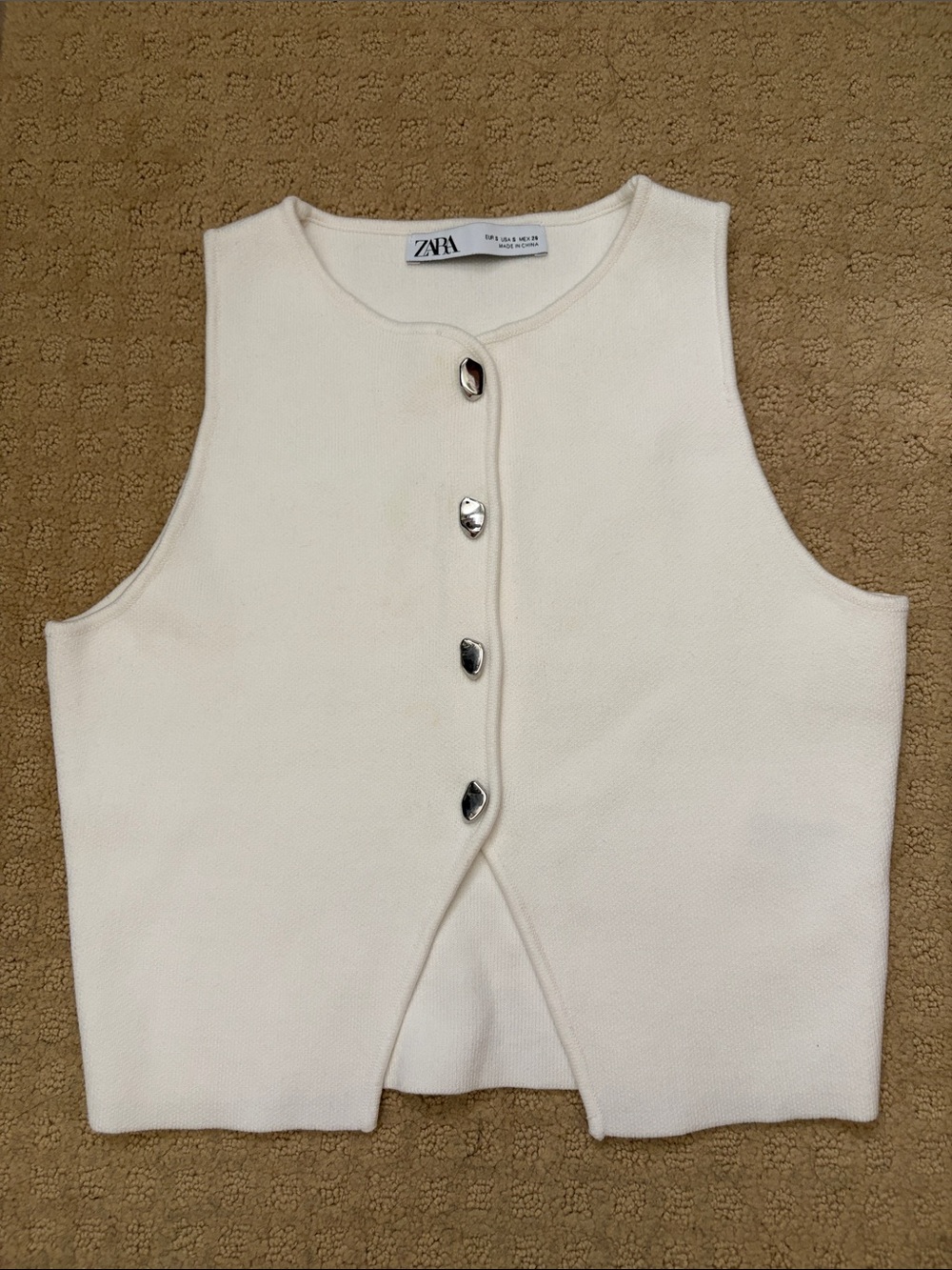 ZARA Cream Knit Button Vest with Silver Accent